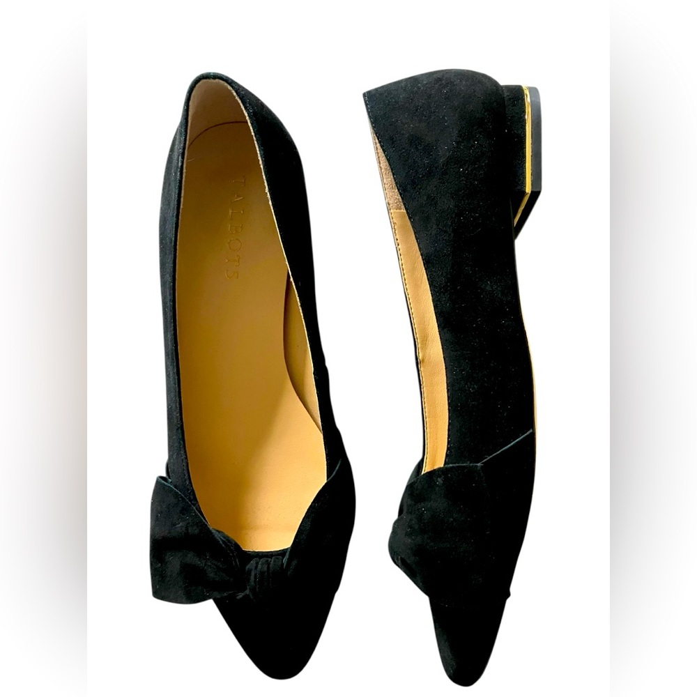 Talbot’s Edison Bow Detail Black Suede Gold Heel Flats Women’s 8.5